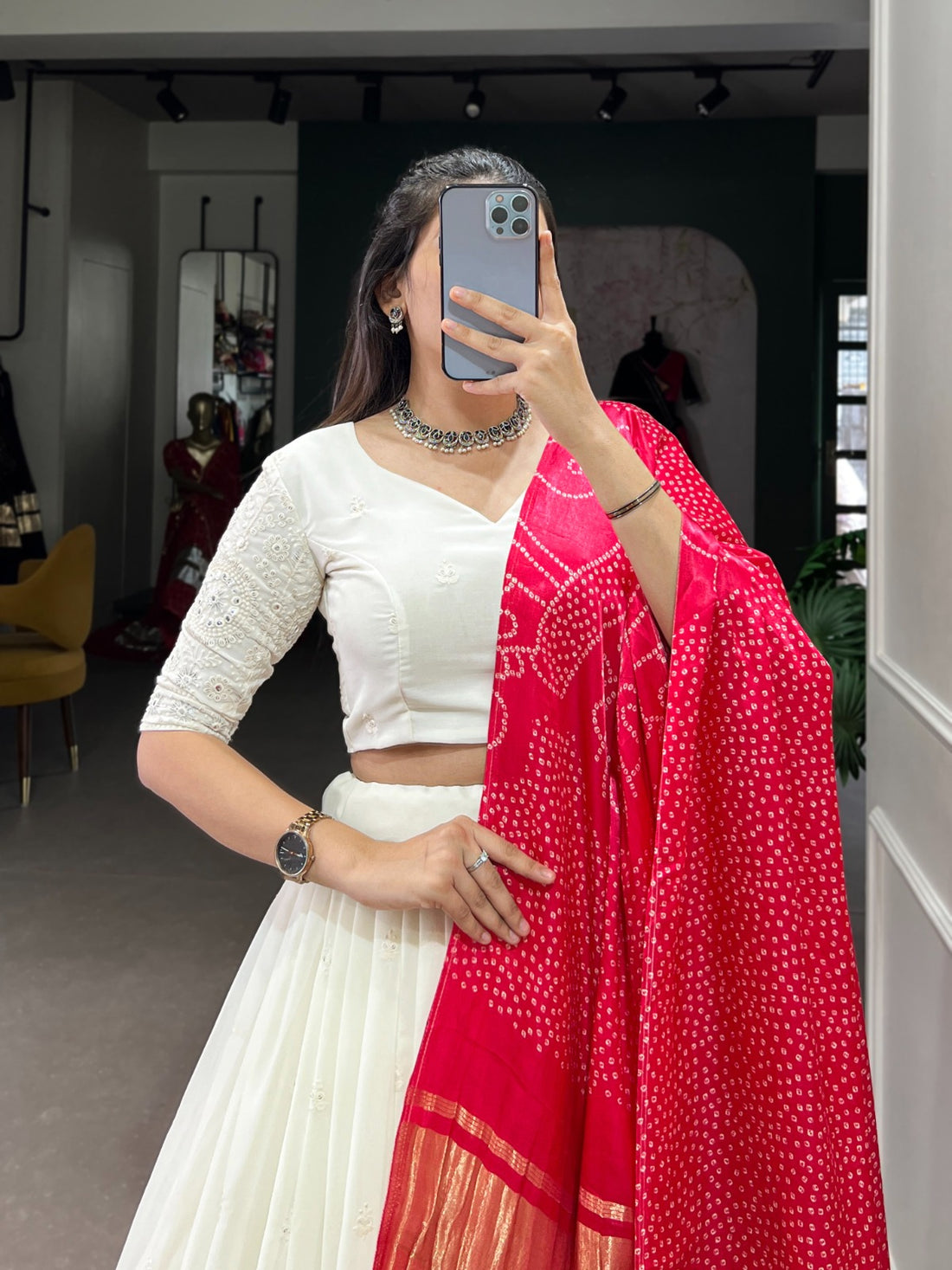 White Georgette Lucknowi Mirror Work Lehenga with Gaji Silk Dupatta