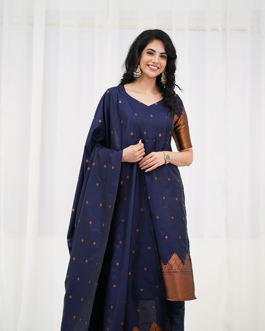 Royal Navy Banarasi Silk Kurta Set with Copper Brocade Accents