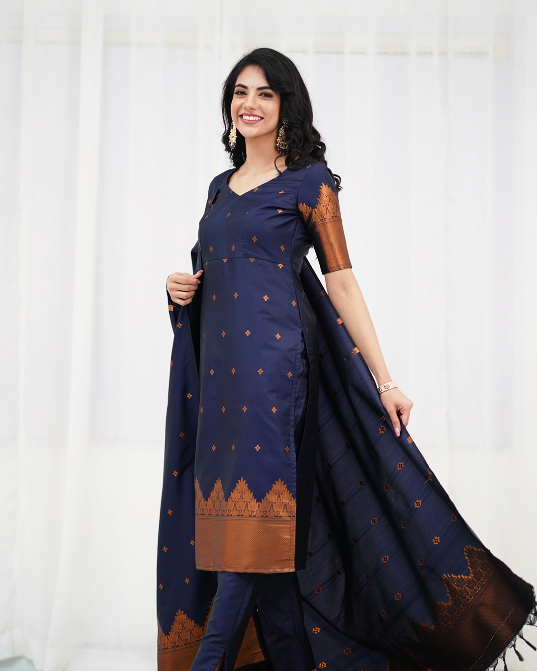 Royal Navy Banarasi Silk Kurta Set with Copper Brocade Accents
