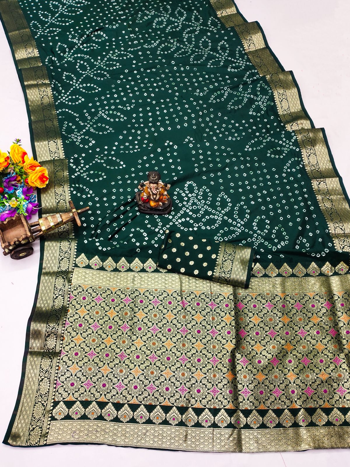 Forest Green Bandhani Print Saree with Rich Banarasi Zari Work Border