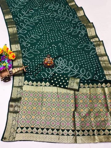 Forest Green Bandhani Print Saree with Rich Banarasi Zari Work Border
