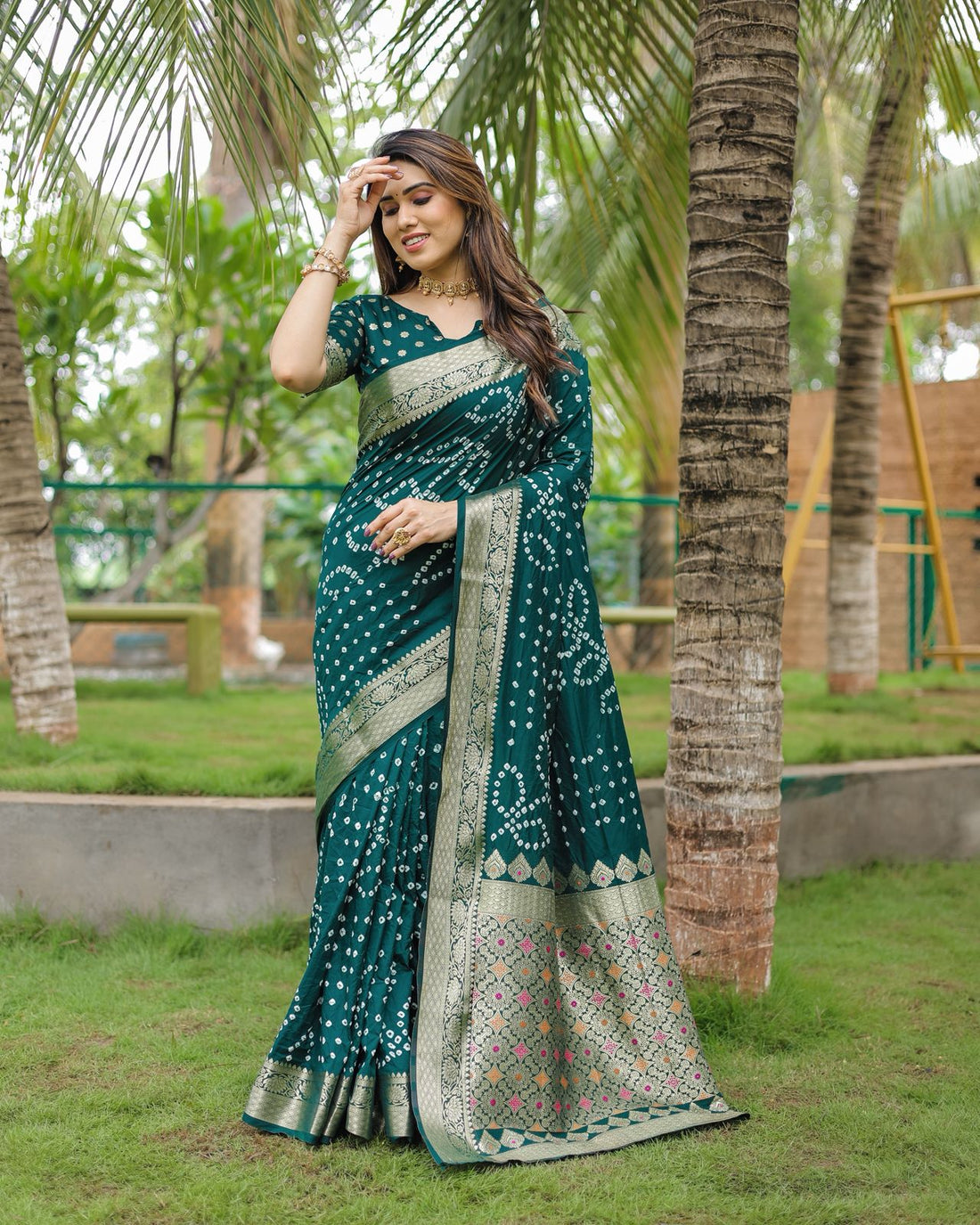 Forest Green Bandhani Print Saree with Rich Banarasi Zari Work Border