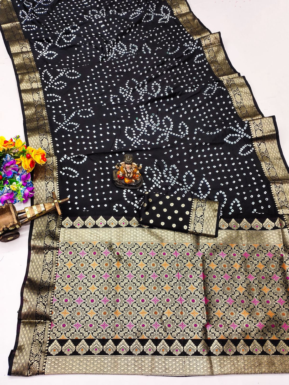 Black Bandhani Print Saree with Rich Banarasi Zari Work Border