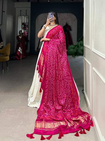 White Georgette Lucknowi Mirror Work Lehenga with Gaji Silk Dupatta