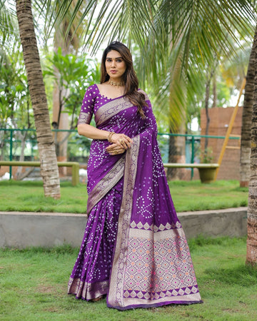 Royal Purple Bandhani Print Saree with Rich Banarasi Zari Work Border