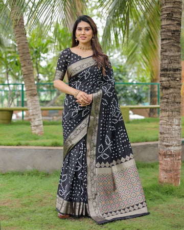 Black Bandhani Print Saree with Rich Banarasi Zari Work Border