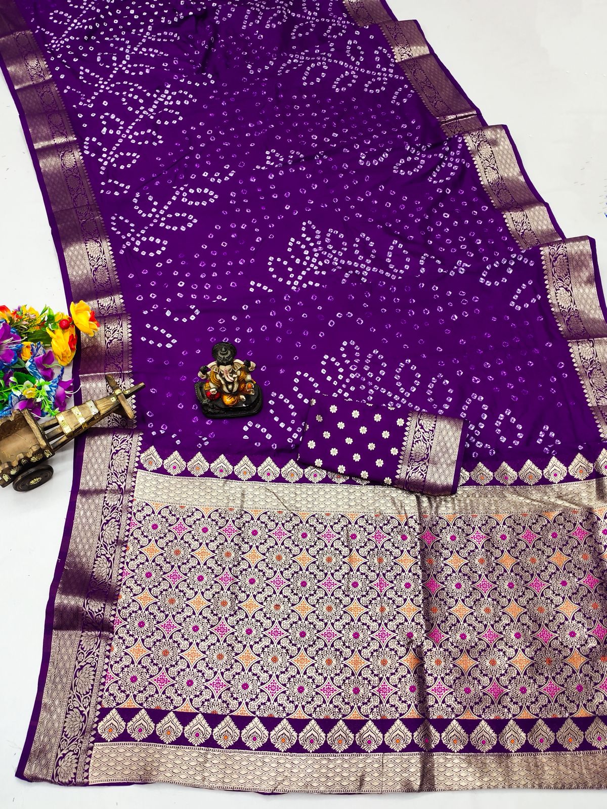 Royal Purple Bandhani Print Saree with Rich Banarasi Zari Work Border