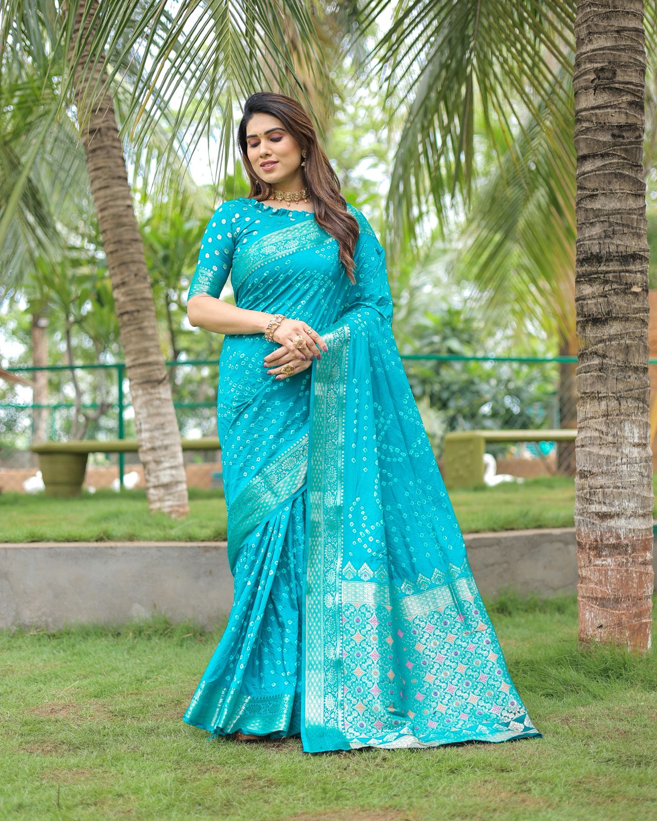 Regal Teal Bandhani Print Saree with Rich Banarasi Zari Work Border