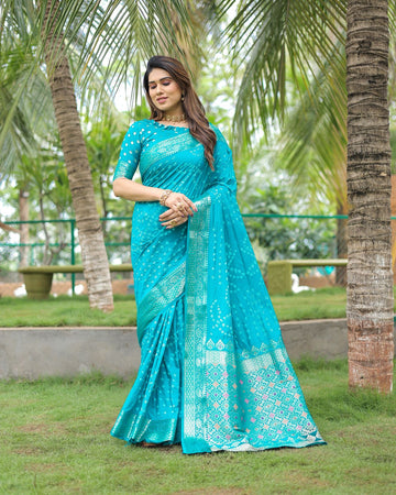 Regal Teal Bandhani Print Saree with Rich Banarasi Zari Work Border