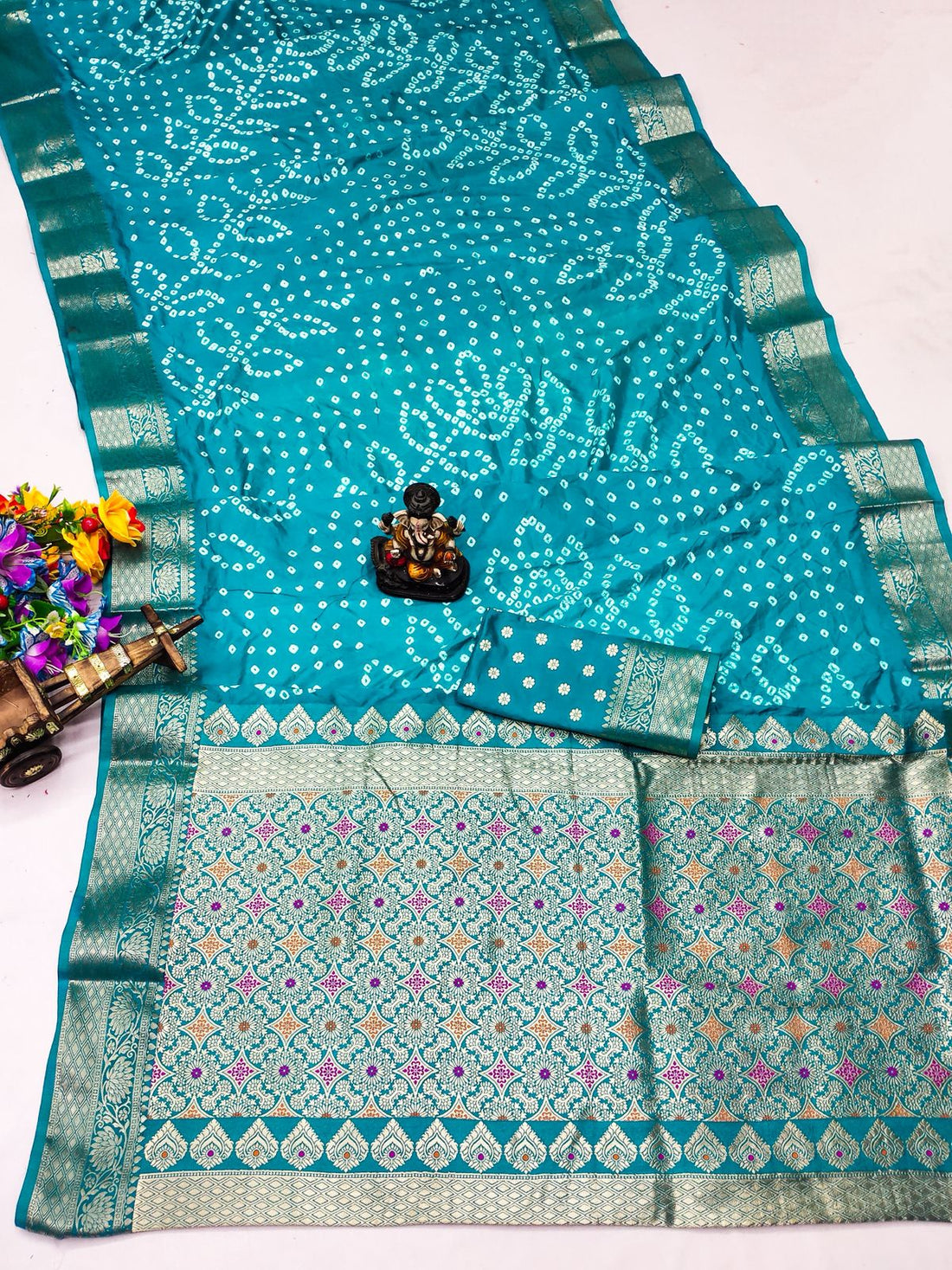 Regal Teal Bandhani Print Saree with Rich Banarasi Zari Work Border