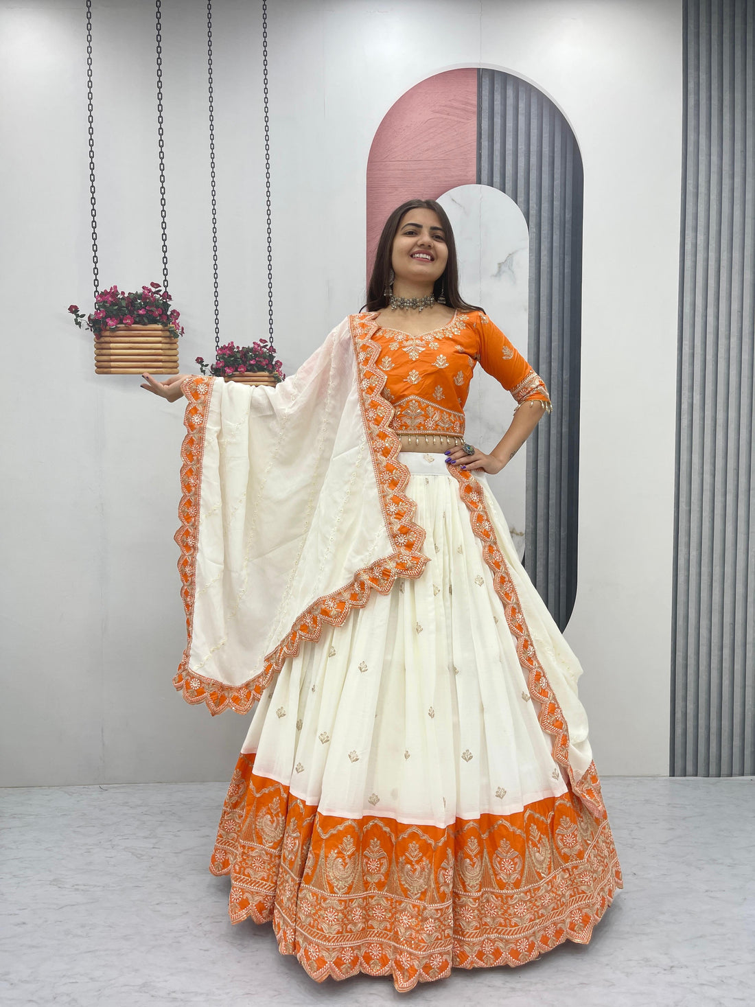 Orange & White Embroidered Lehenga Choli Set with Dupatta
