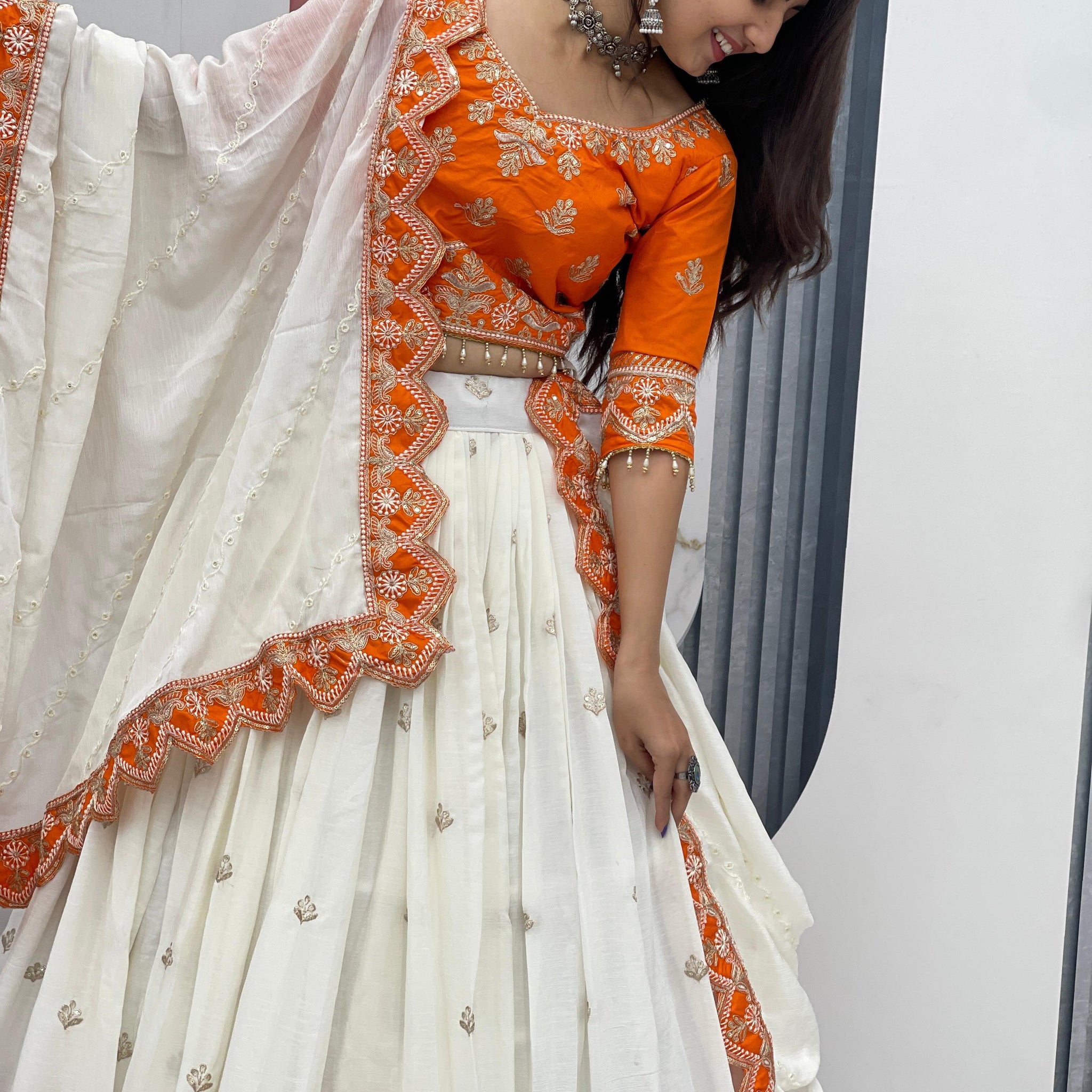 Orange & White Embroidered Lehenga Choli Set with Dupatta