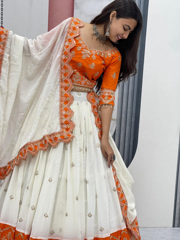 Orange & White Embroidered Lehenga Choli Set with Dupatta