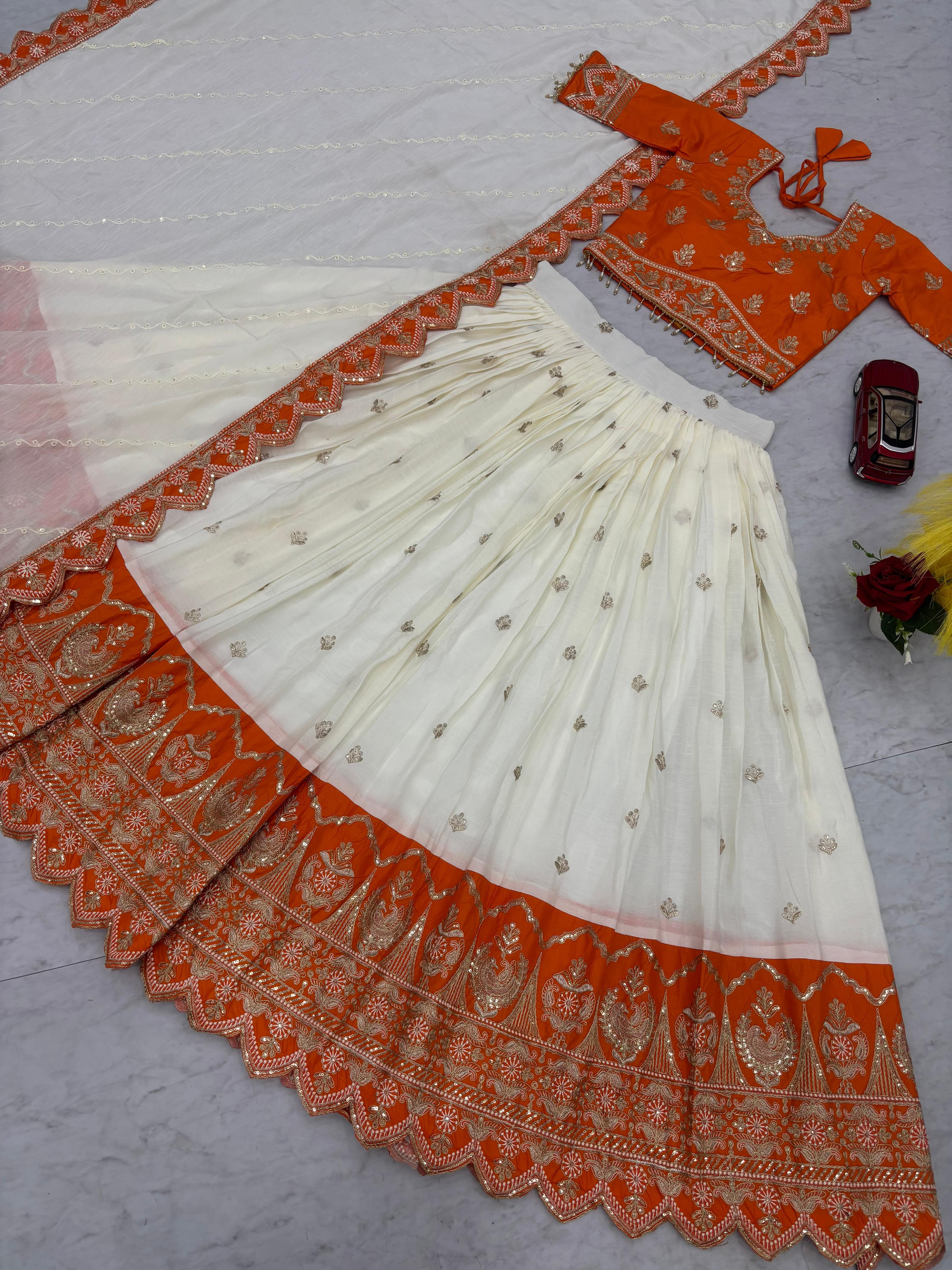 Orange & White Embroidered Lehenga Choli Set with Dupatta