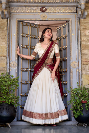 Royal Ivory White Anarkali Lehenga Set with Maroon Embroidered Dupatta