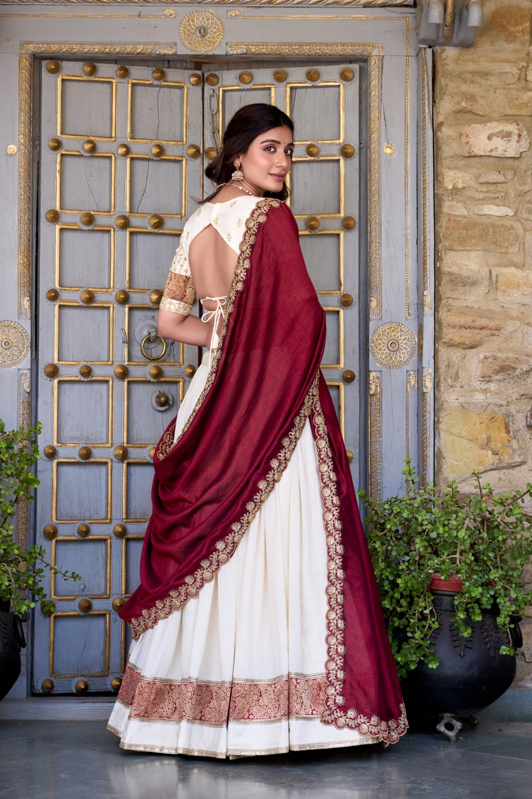 Royal Ivory White Anarkali Lehenga Set with Maroon Embroidered Dupatta