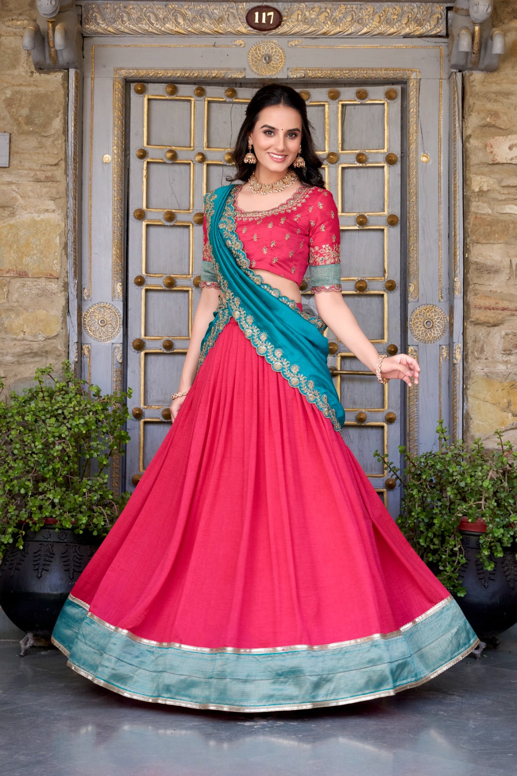 Rani Pink Lehenga Choli with Teal Blue Embroidered Dupatta