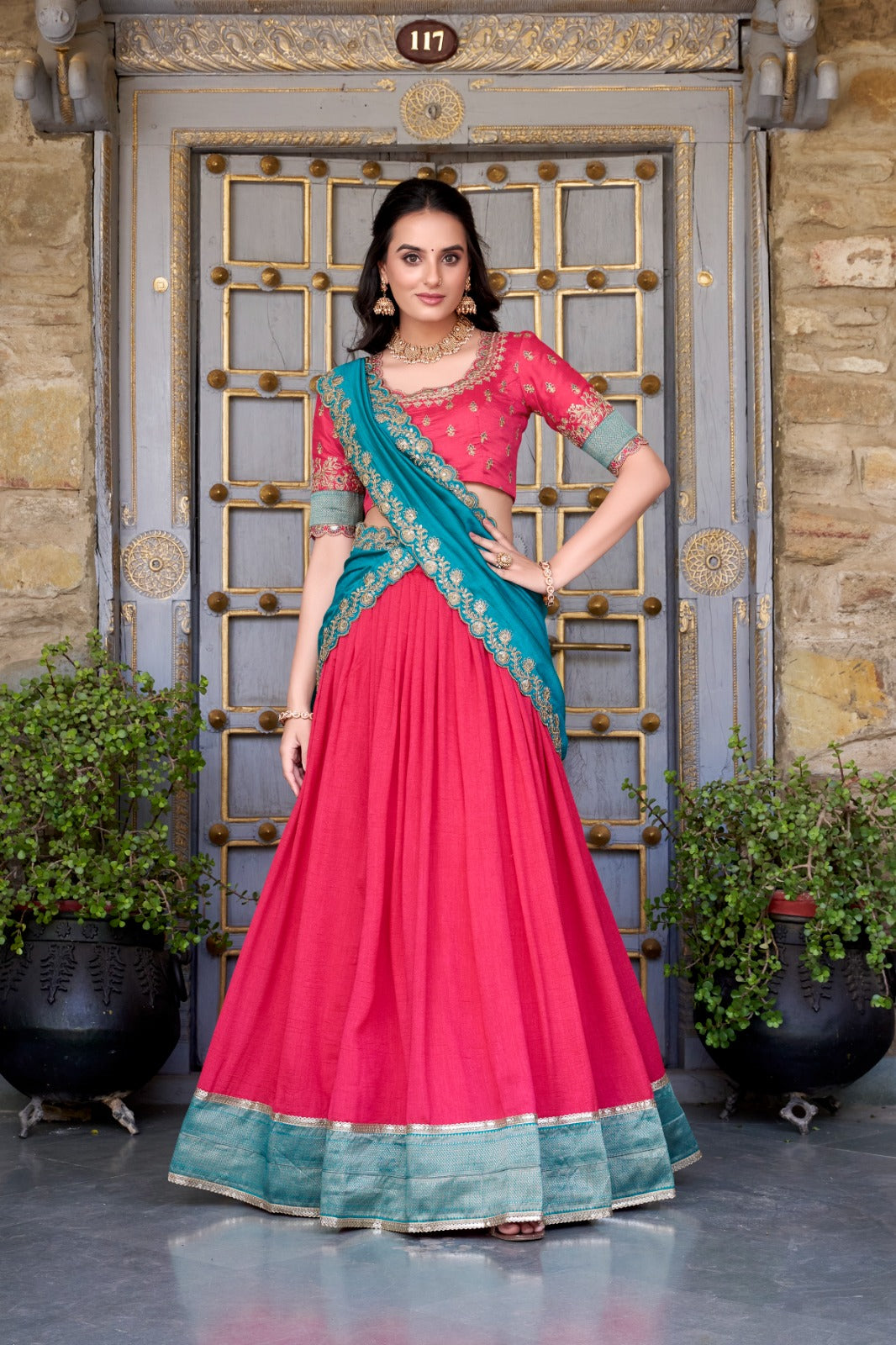Rani Pink Lehenga Choli with Teal Blue Embroidered Dupatta
