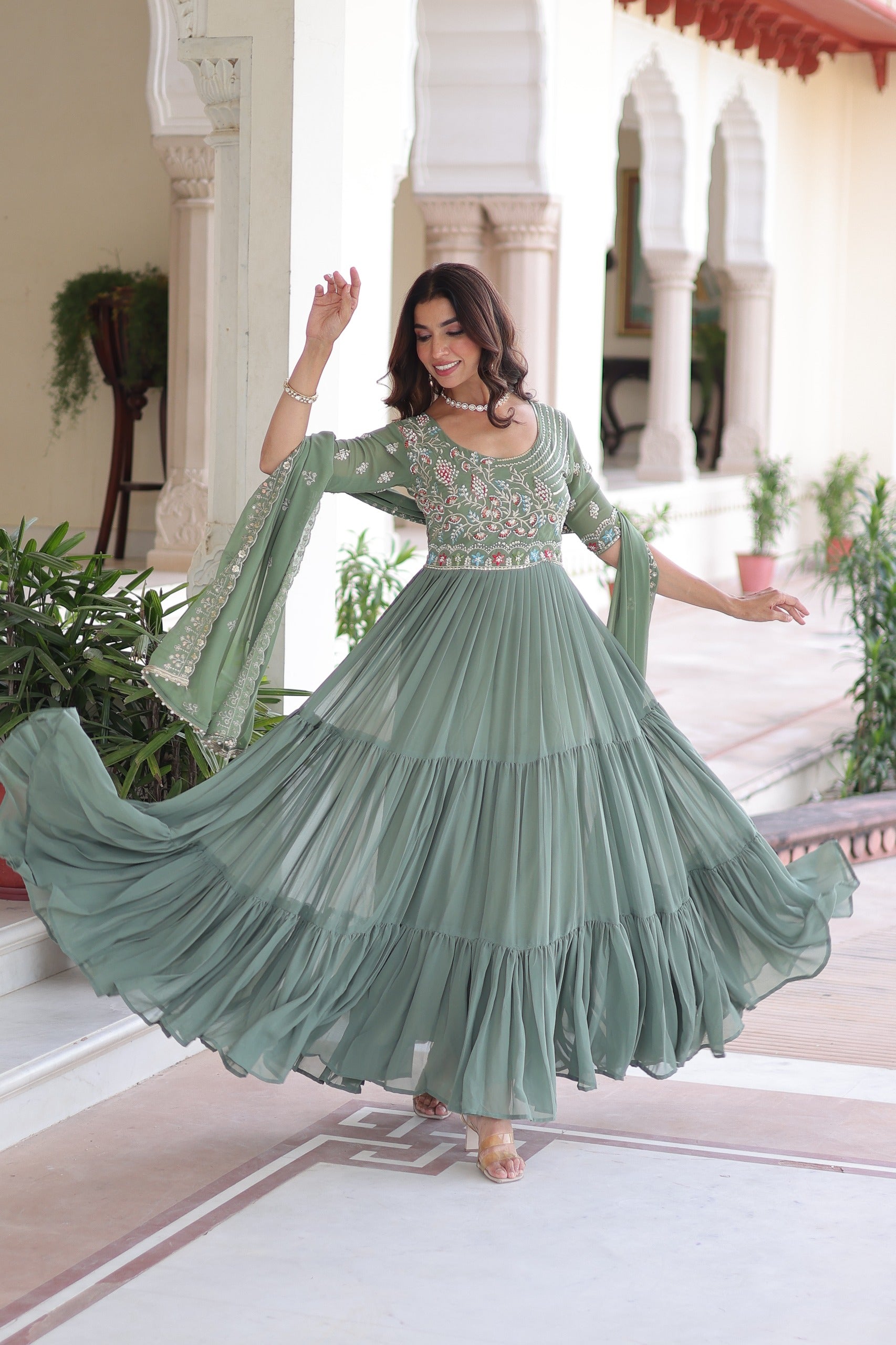 Sage Green Anarkali Gown with Dupatta Set