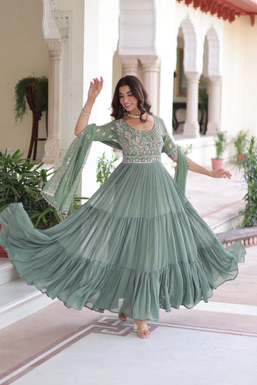 Sage Green Anarkali Gown with Dupatta Set