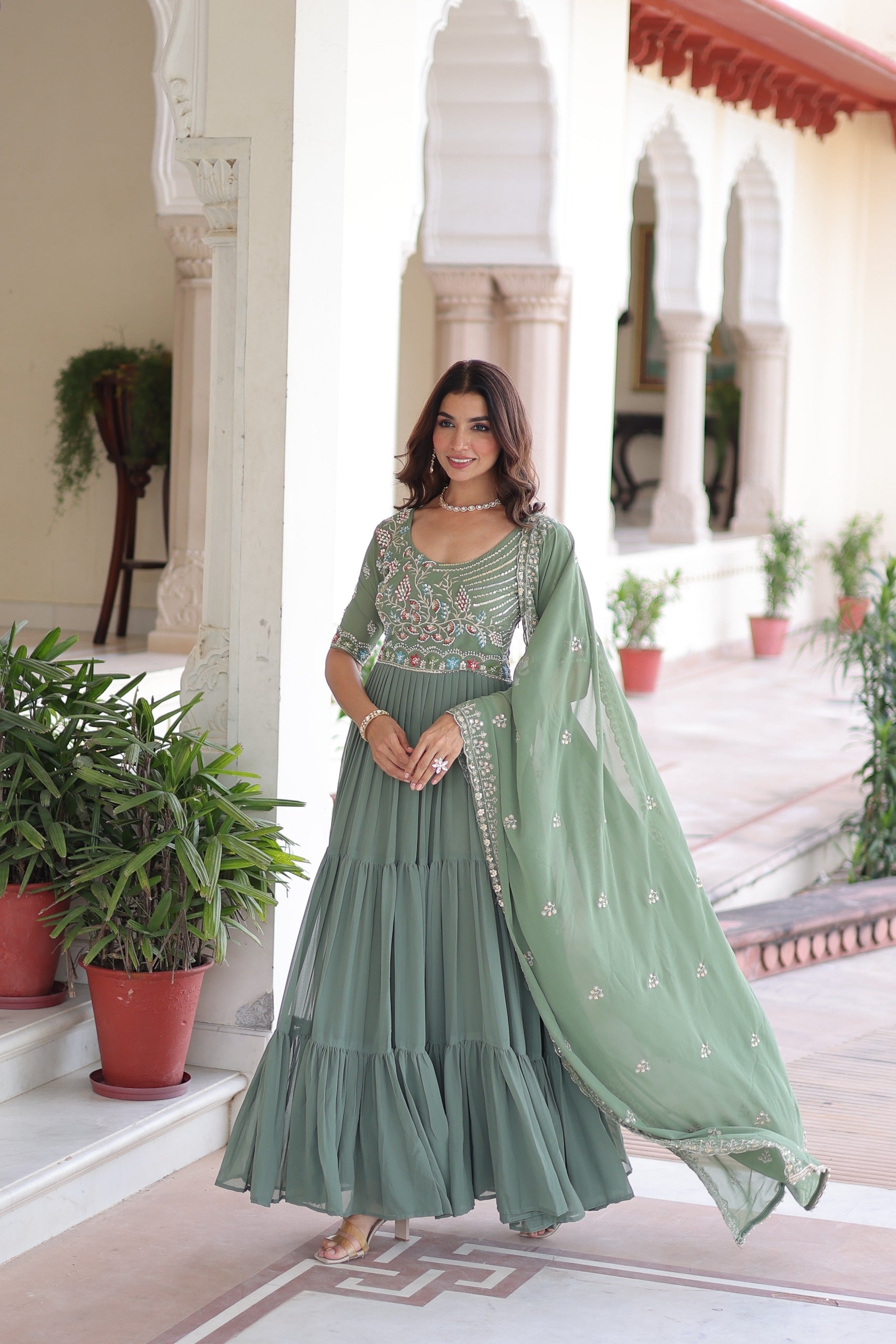 Sage Green Anarkali Gown with Dupatta Set