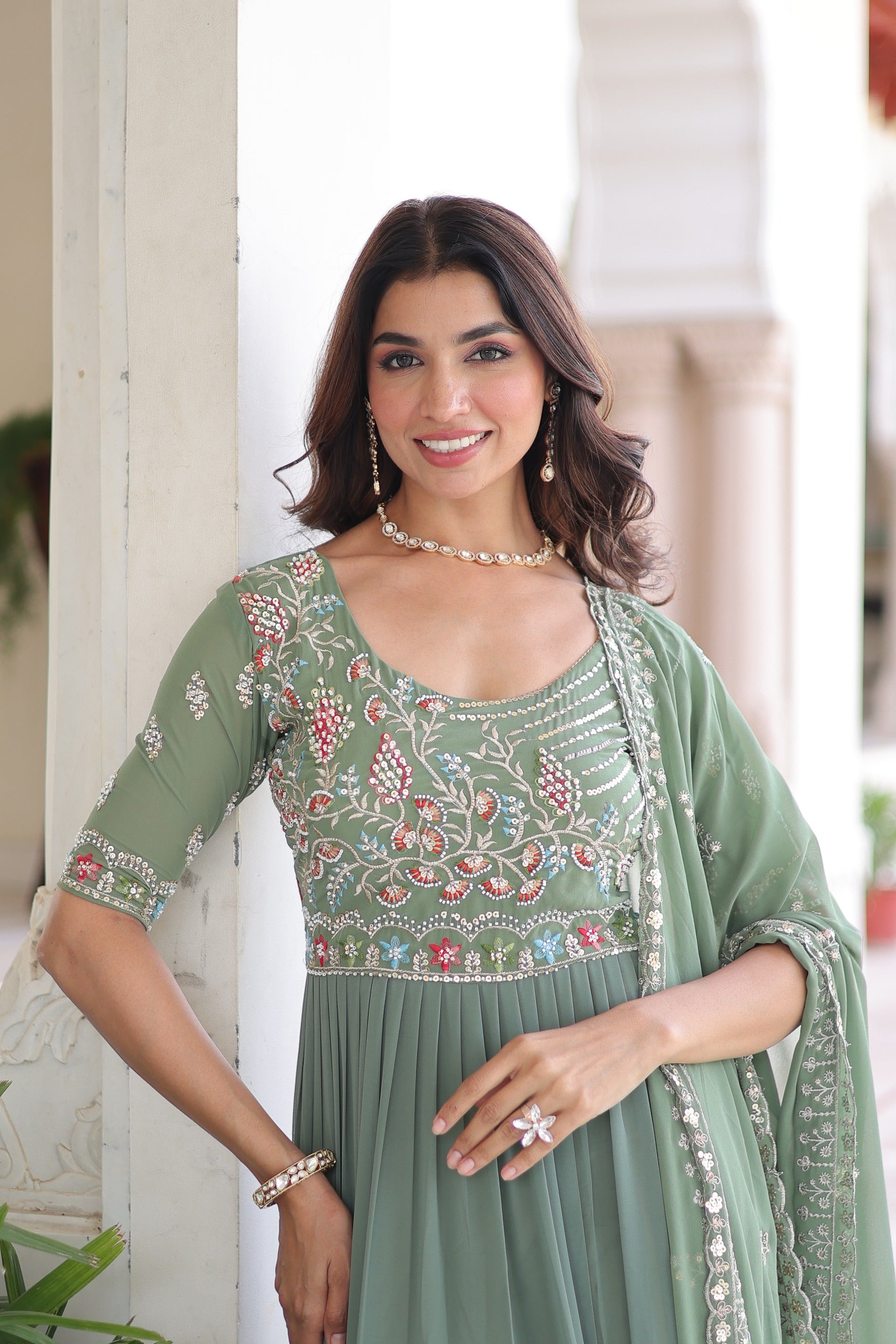 Sage Green Anarkali Gown with Dupatta Set