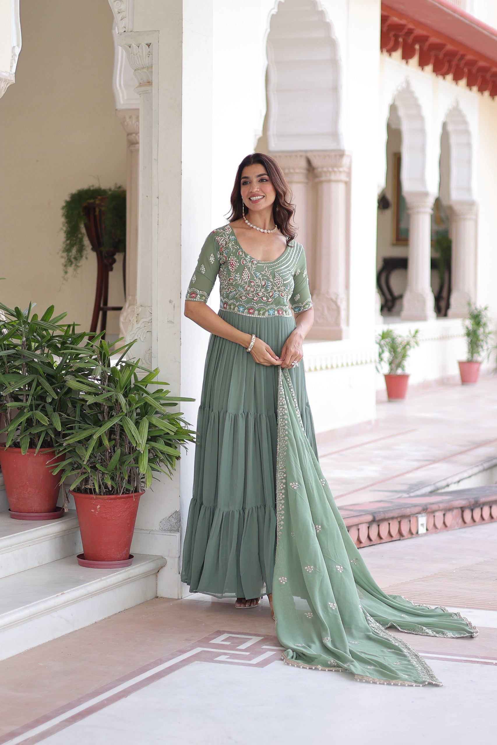 Sage Green Anarkali Gown with Dupatta Set