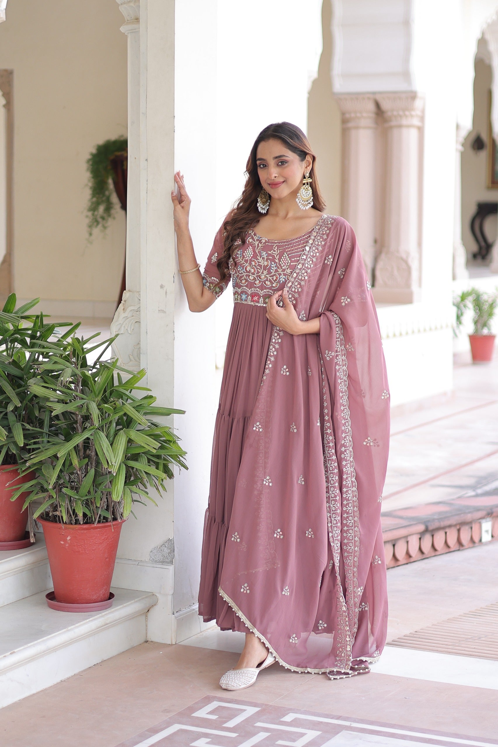 Dusty Rose Anarkali Gown with Dupatta Set
