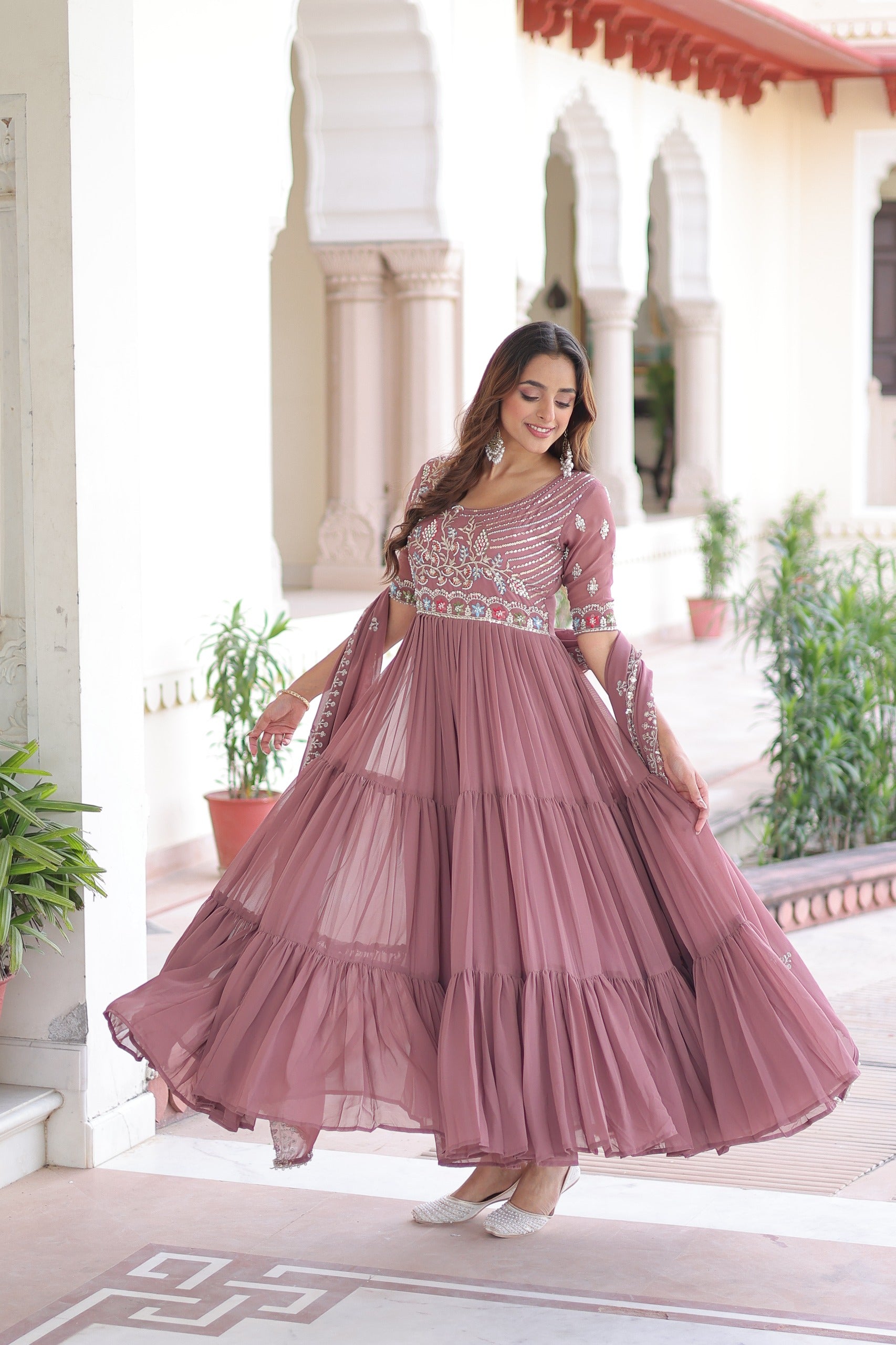Dusty Rose Anarkali Gown with Dupatta Set