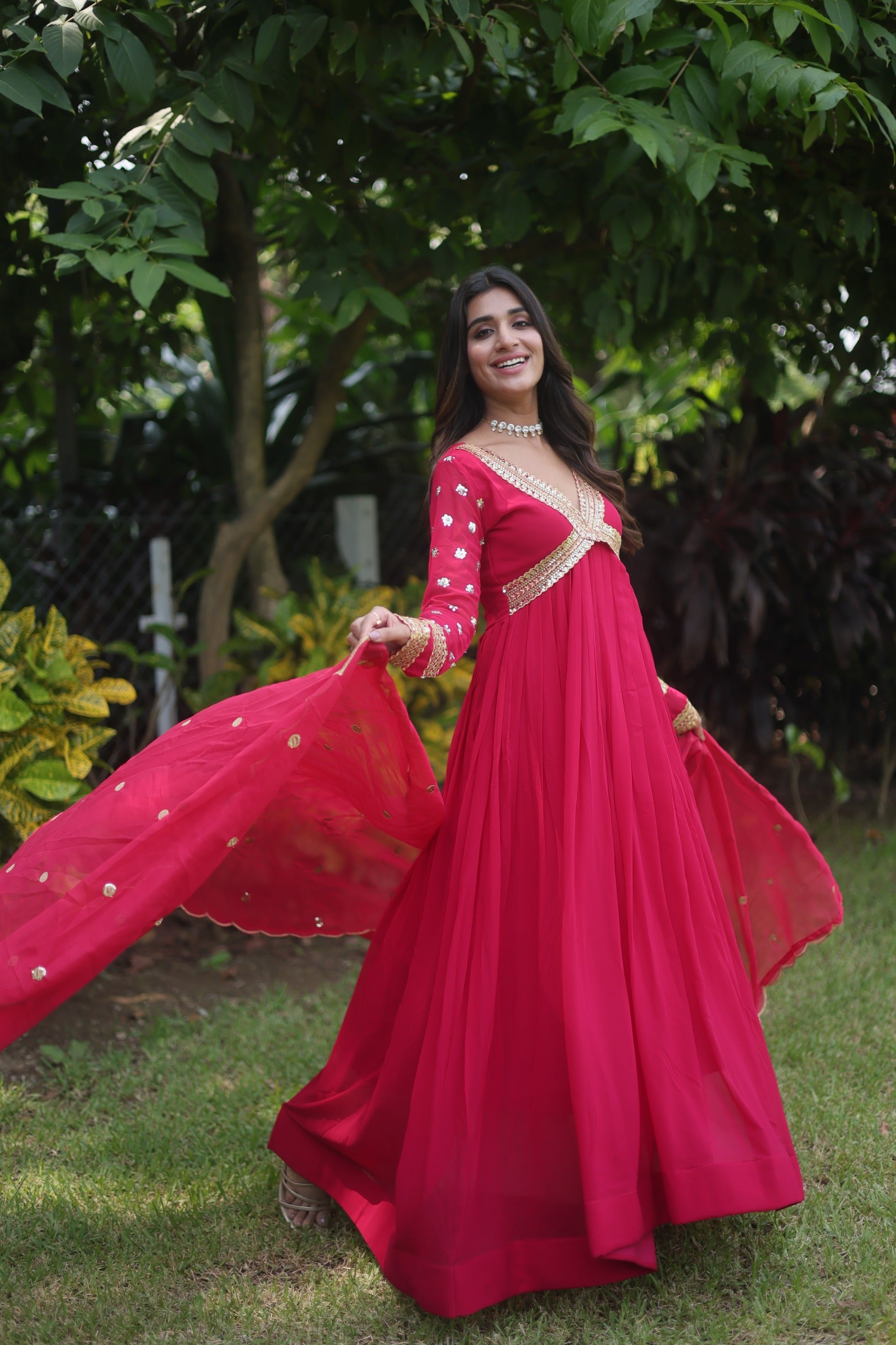 Hot Pink Anarkali Gown with Dupatta Set