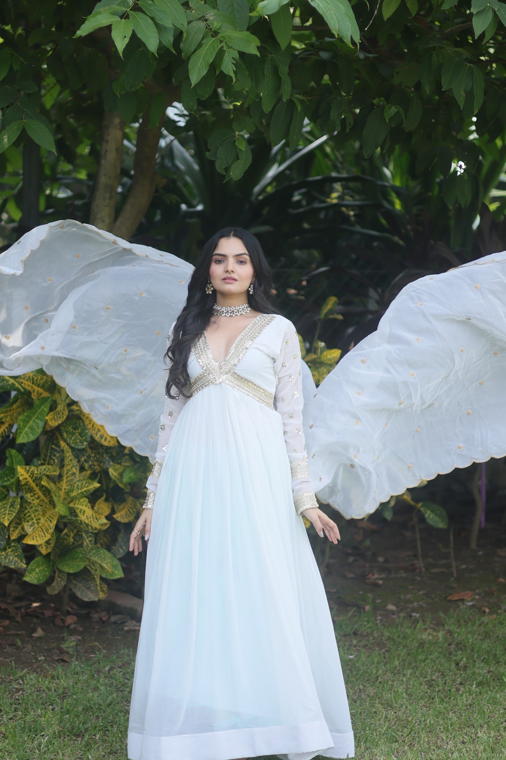 Pearl White Anarkali Gown with Dupatta Set