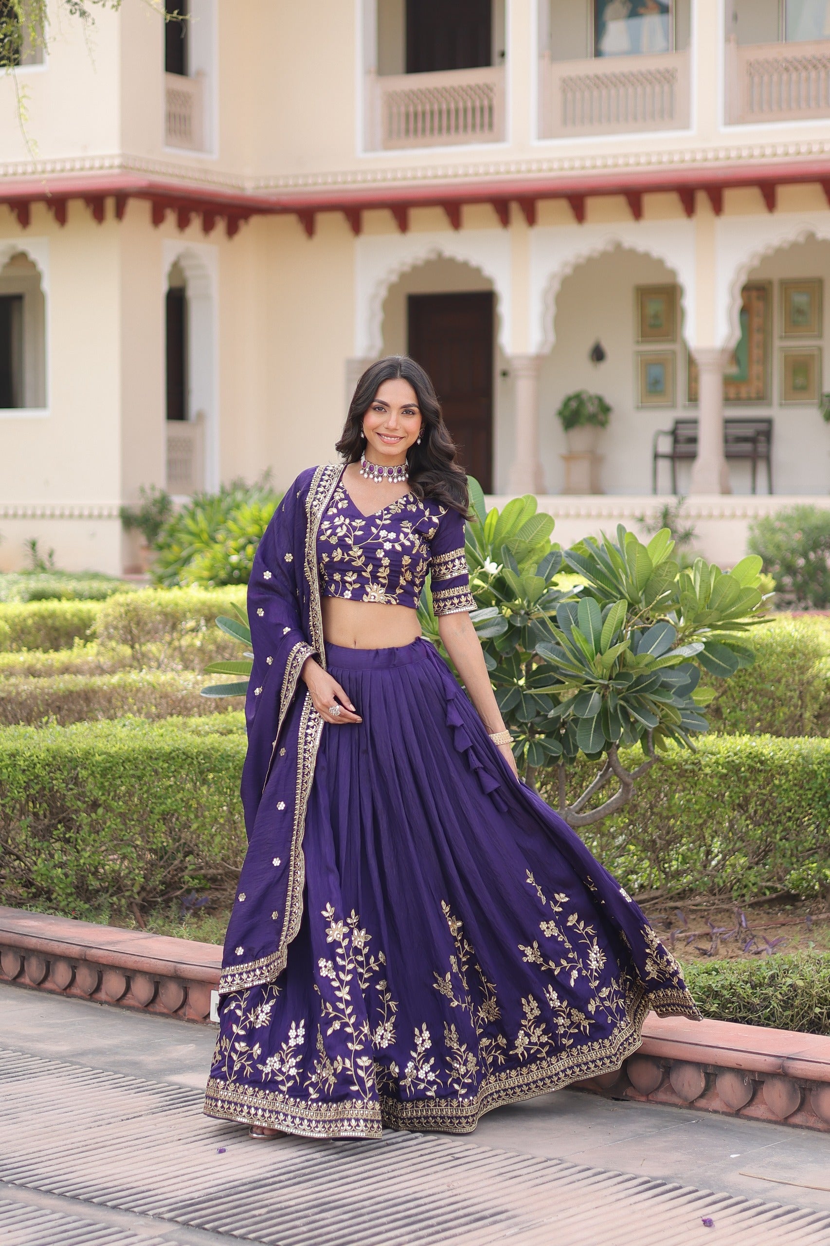 Royal Purple Embroidered Flared Lehenga Choli Set with Dupatta