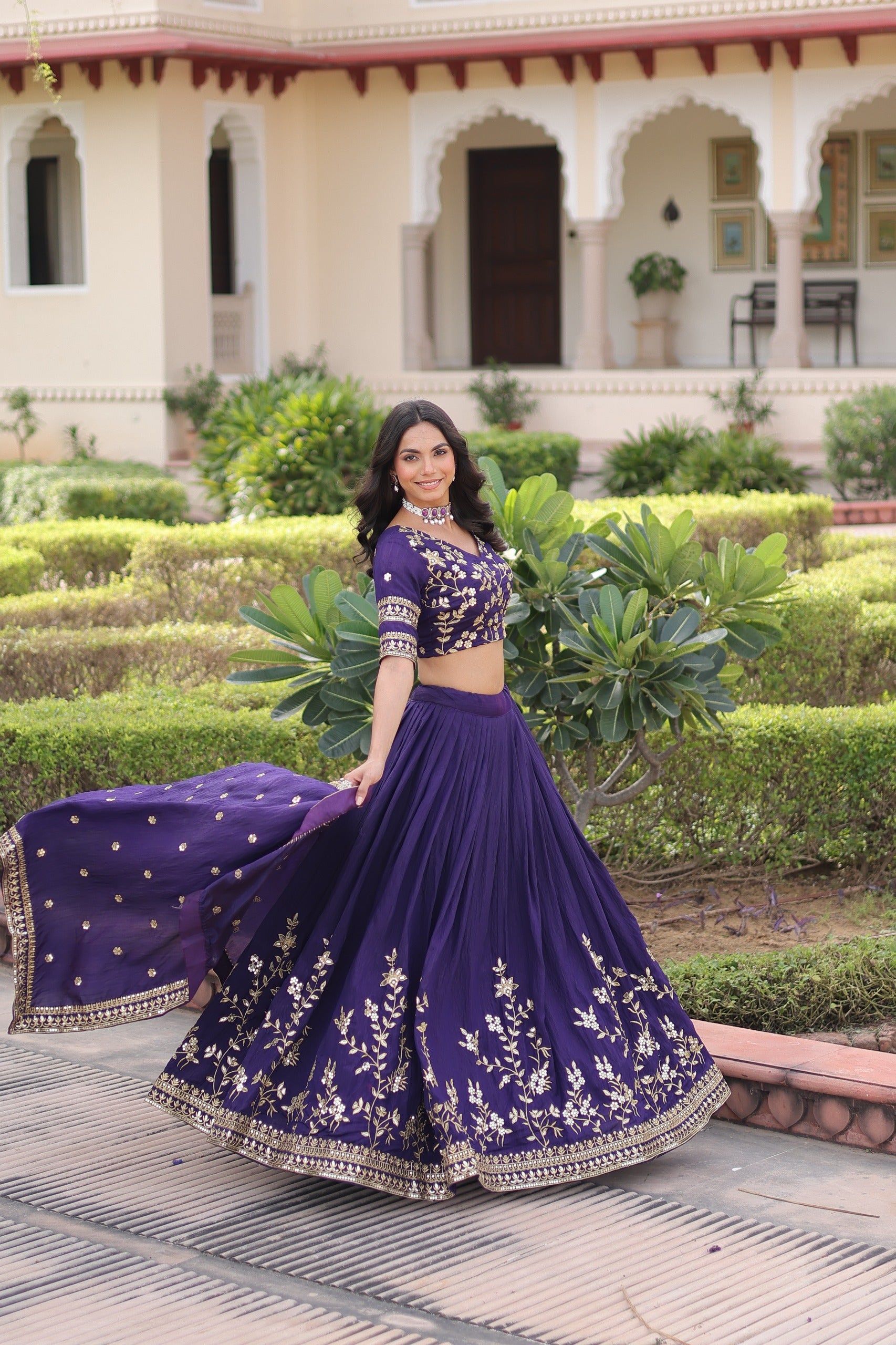 Royal Purple Embroidered Flared Lehenga Choli Set with Dupatta