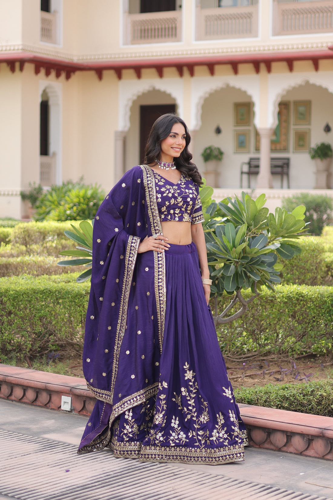 Royal Purple Embroidered Flared Lehenga Choli Set with Dupatta