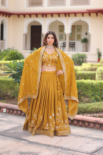 Mustard Yellow Embroidered Flared Lehenga Choli Set with Dupatta