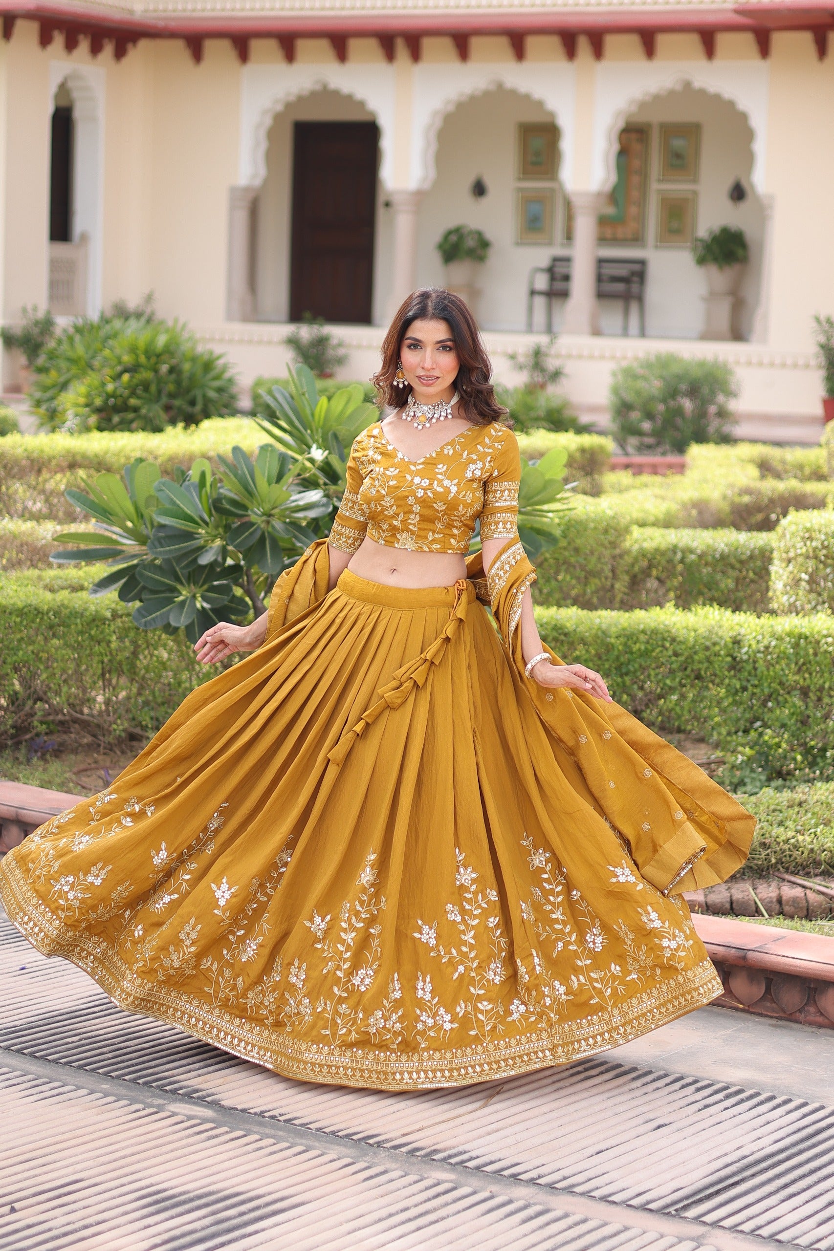 Mustard Yellow Embroidered Flared Lehenga Choli Set with Dupatta