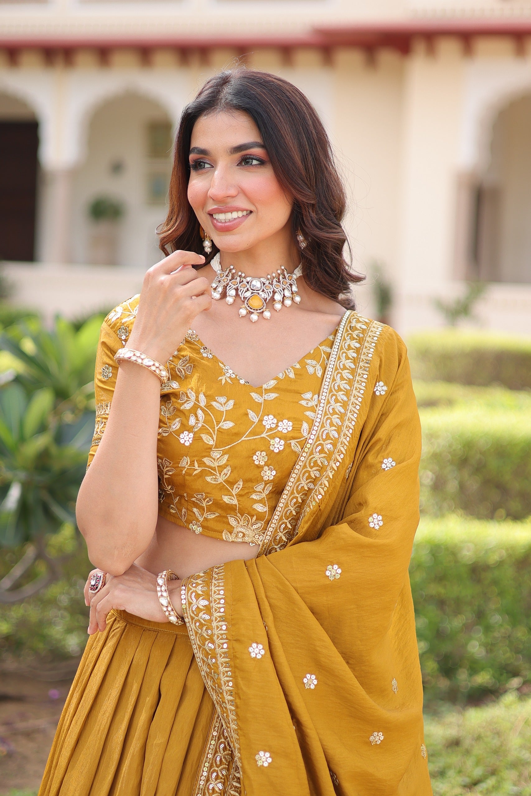 Mustard Yellow Embroidered Flared Lehenga Choli Set with Dupatta