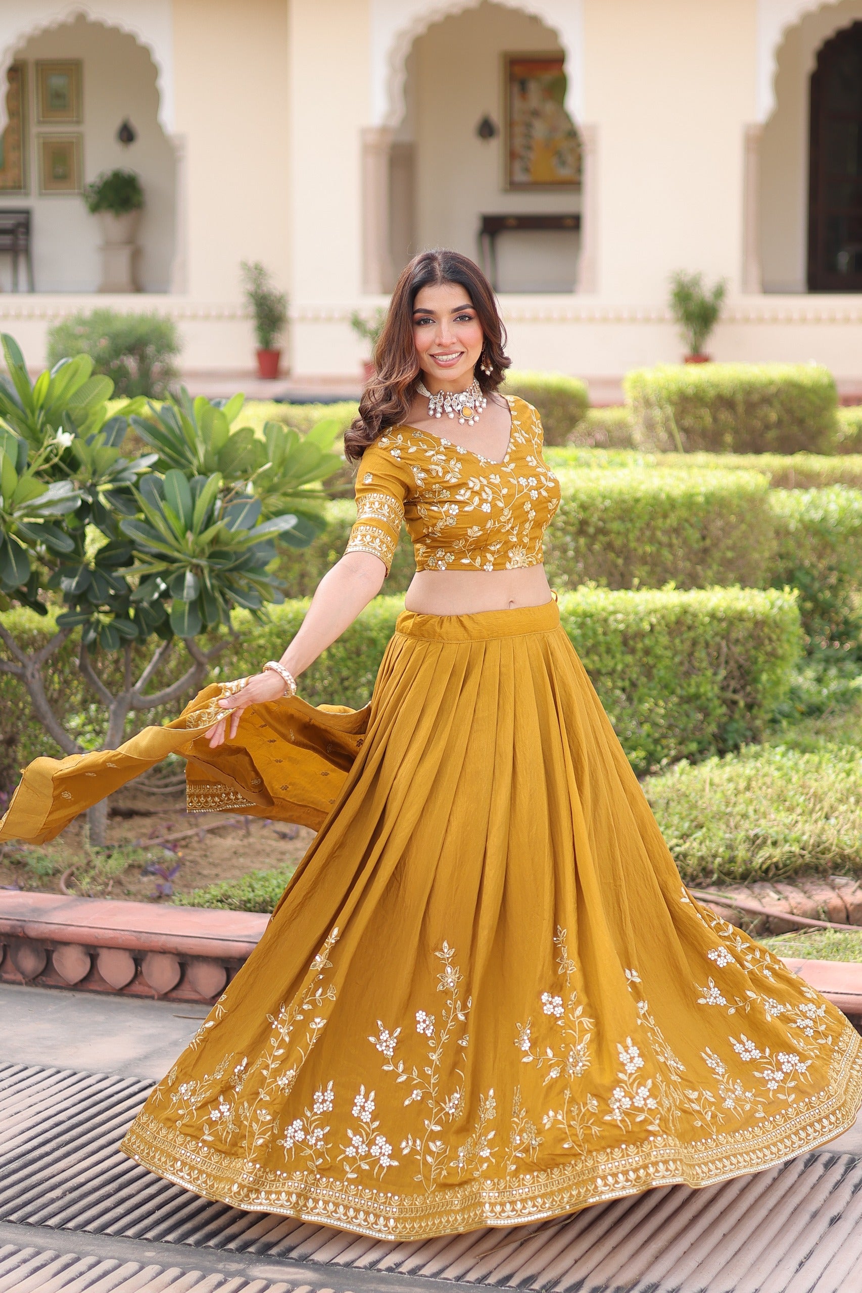 Mustard Yellow Embroidered Flared Lehenga Choli Set with Dupatta