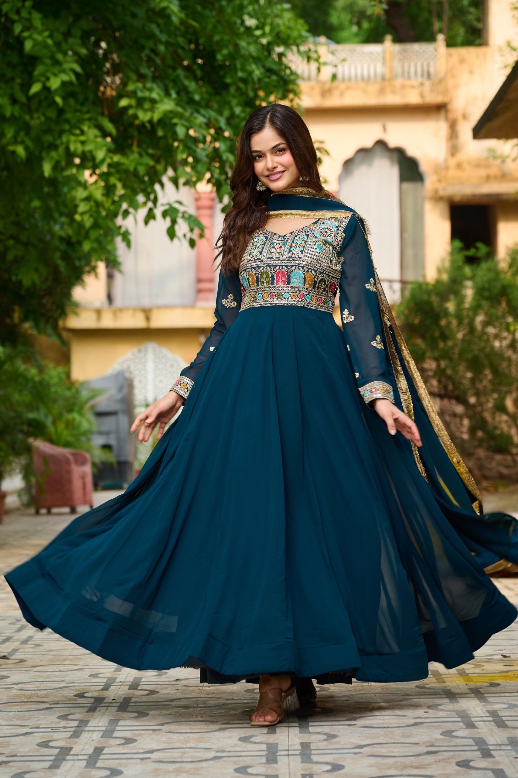 Teal Blue Anarkali Gown with Dupatta Set