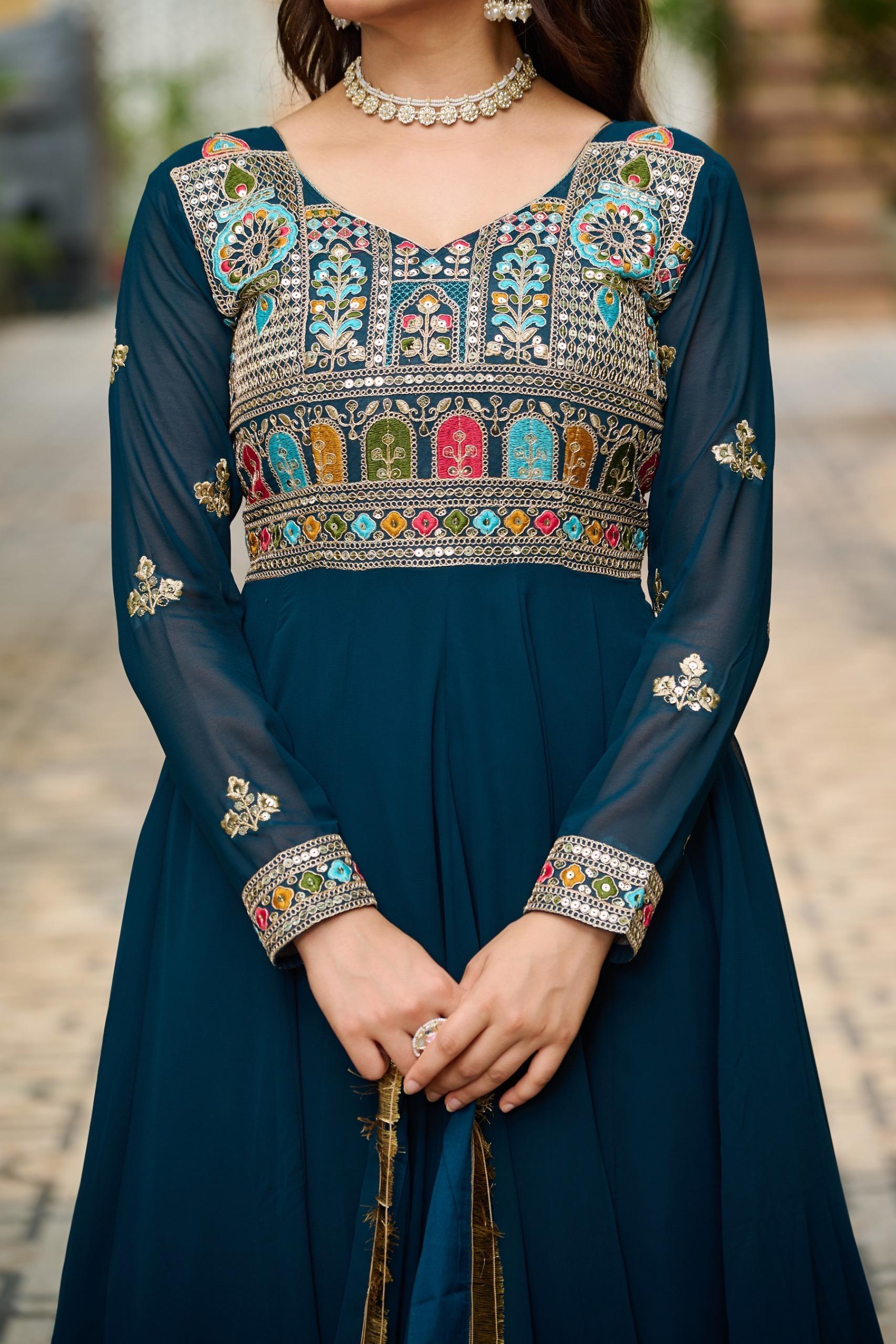 Teal Blue Anarkali Gown with Dupatta Set