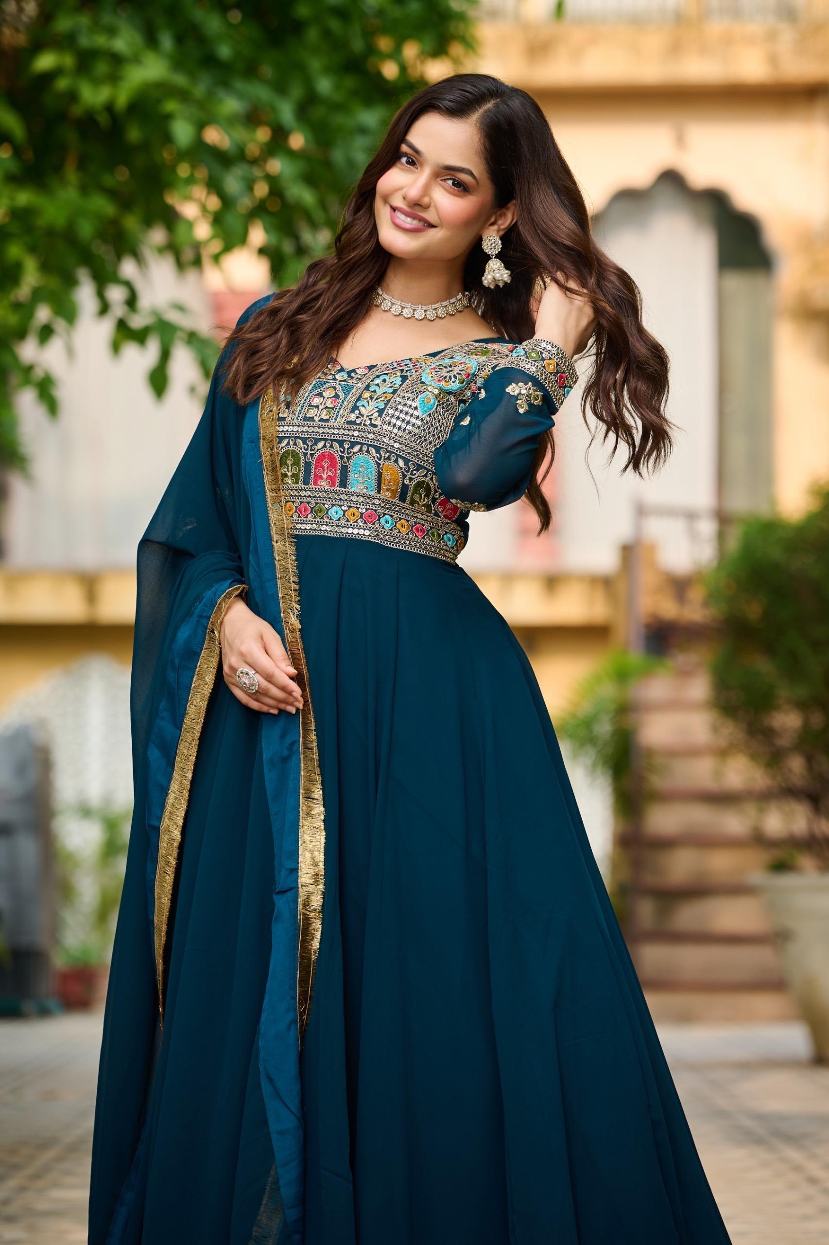 Teal Blue Anarkali Gown with Dupatta Set