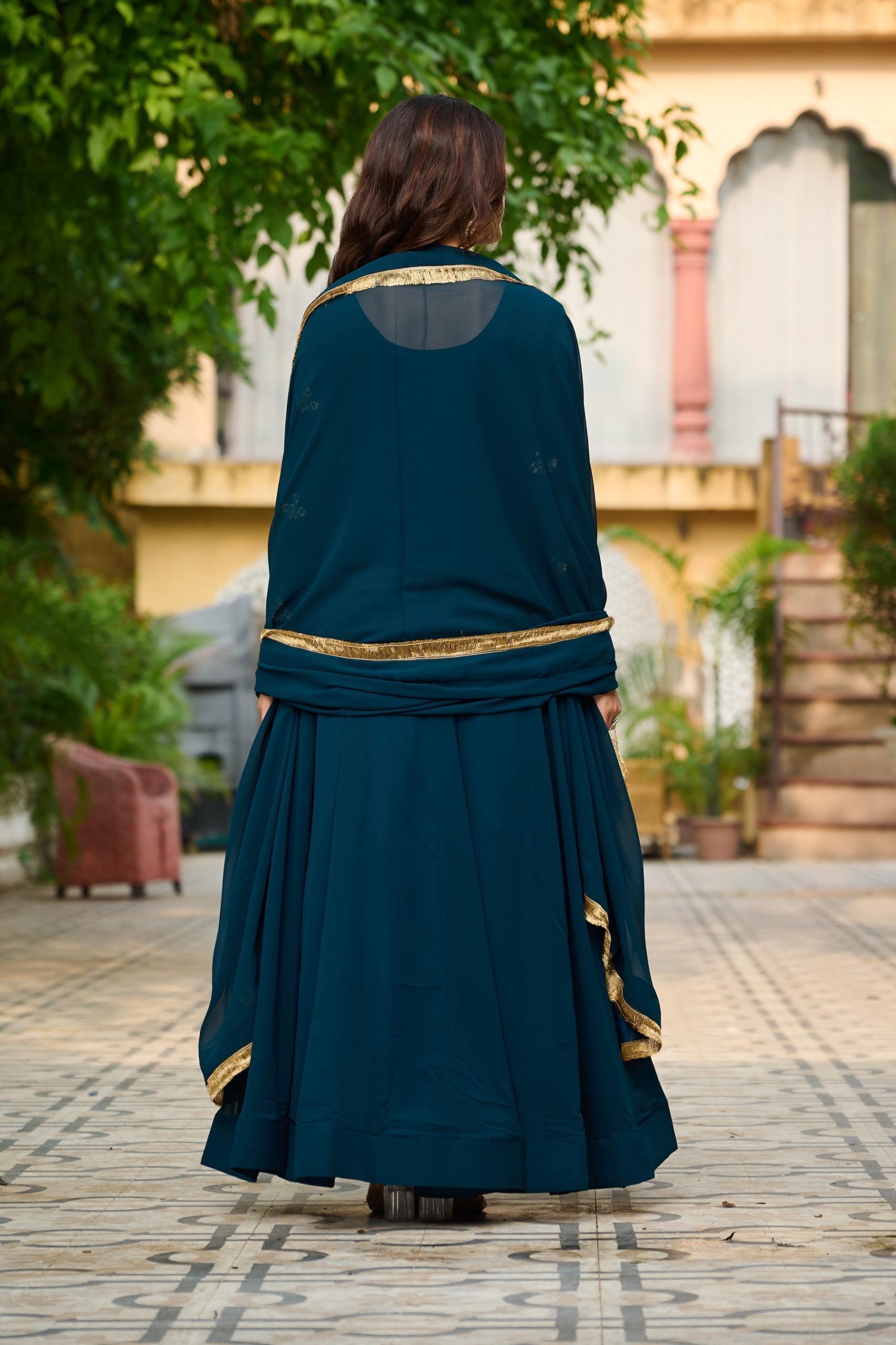 Teal Blue Anarkali Gown with Dupatta Set