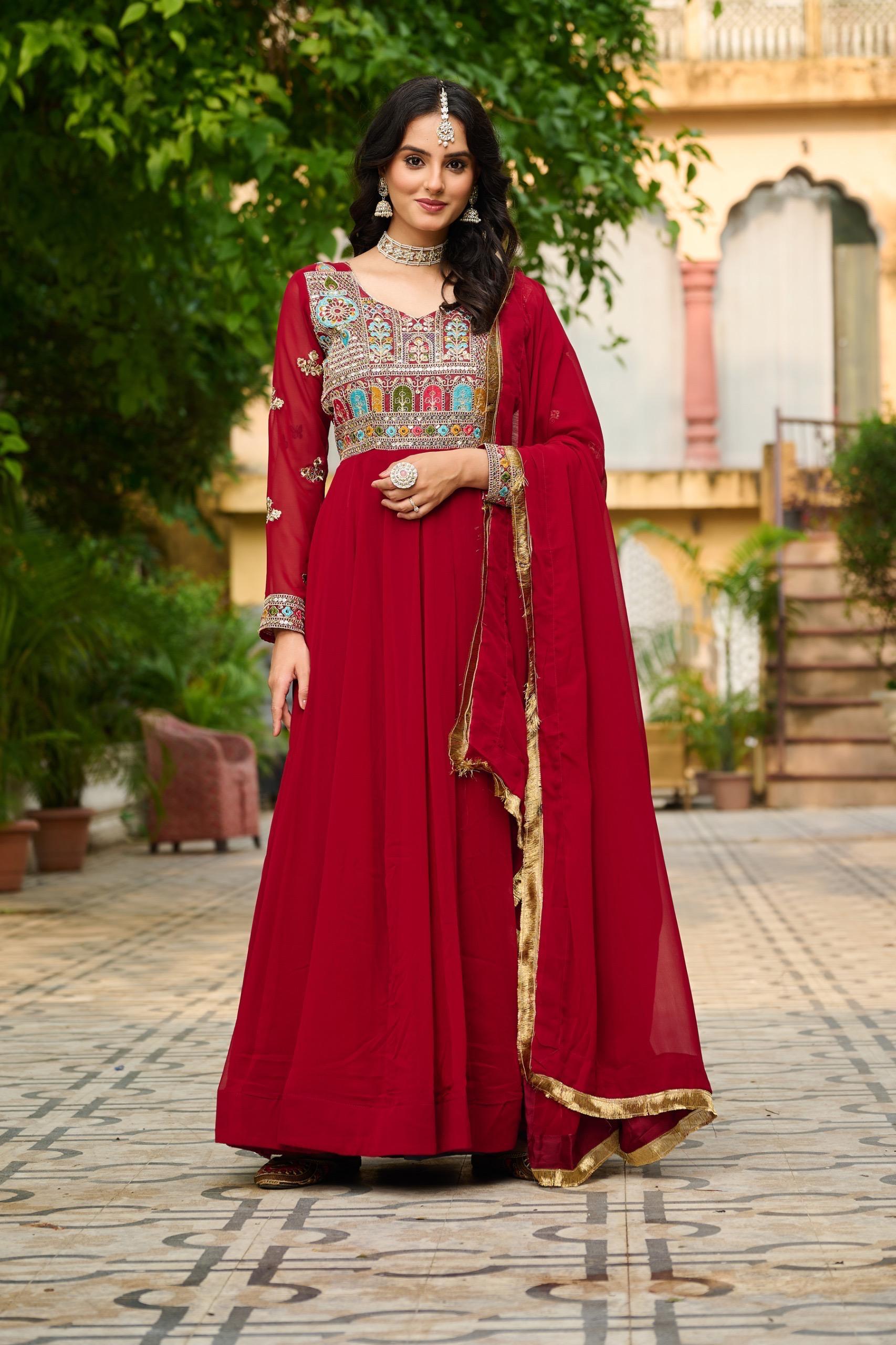 Wine Red Anarkali Gown with Dupatta Set