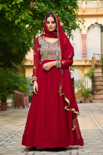 Wine Red Anarkali Gown with Dupatta Set