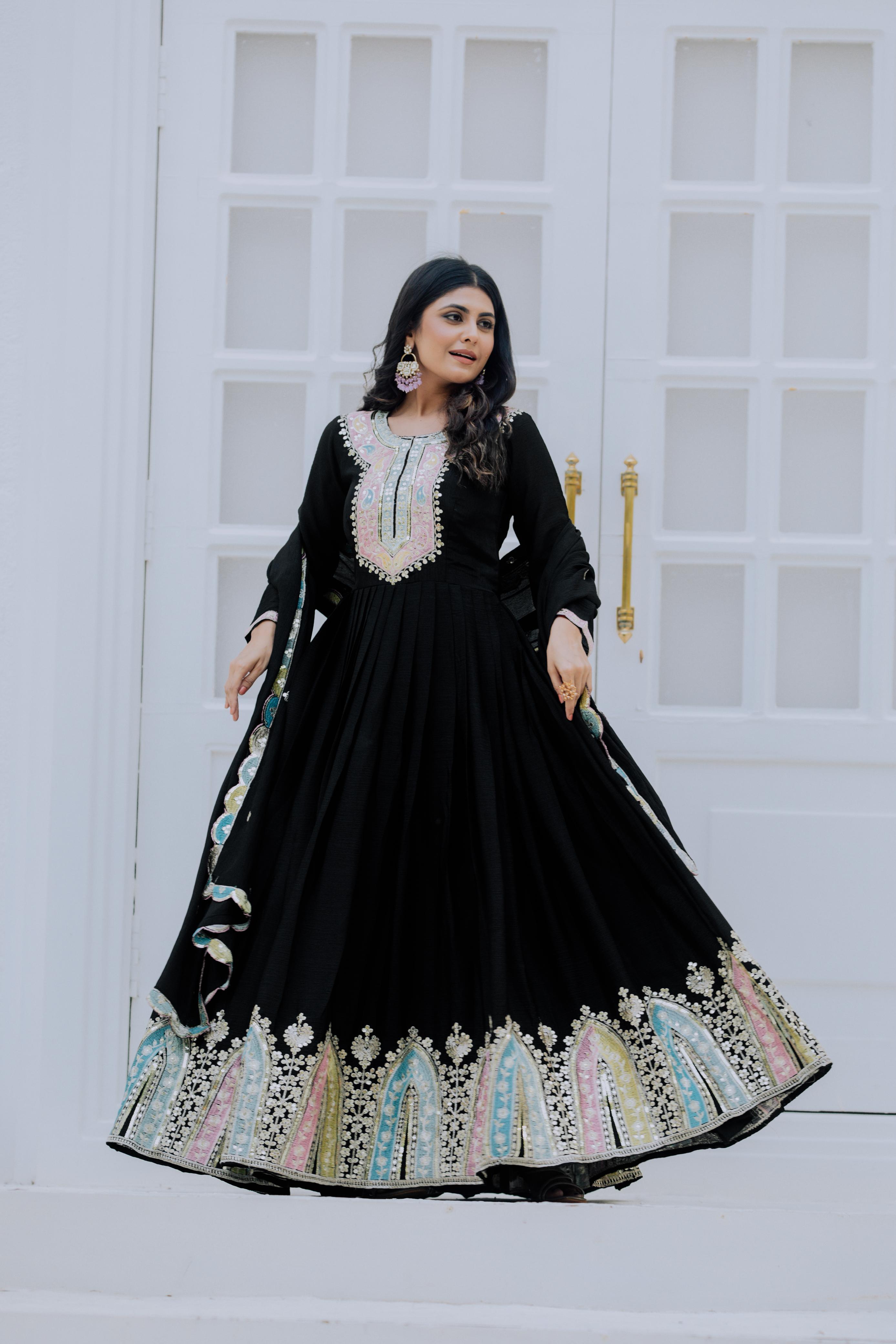 Classic Black Embroidered Mughal-Inspired Anarkali Gown Set with Dupatta