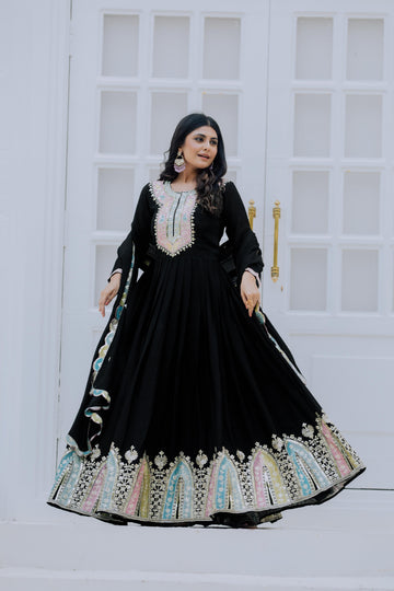 Classic Black Embroidered Mughal-Inspired Anarkali Gown Set with Dupatta