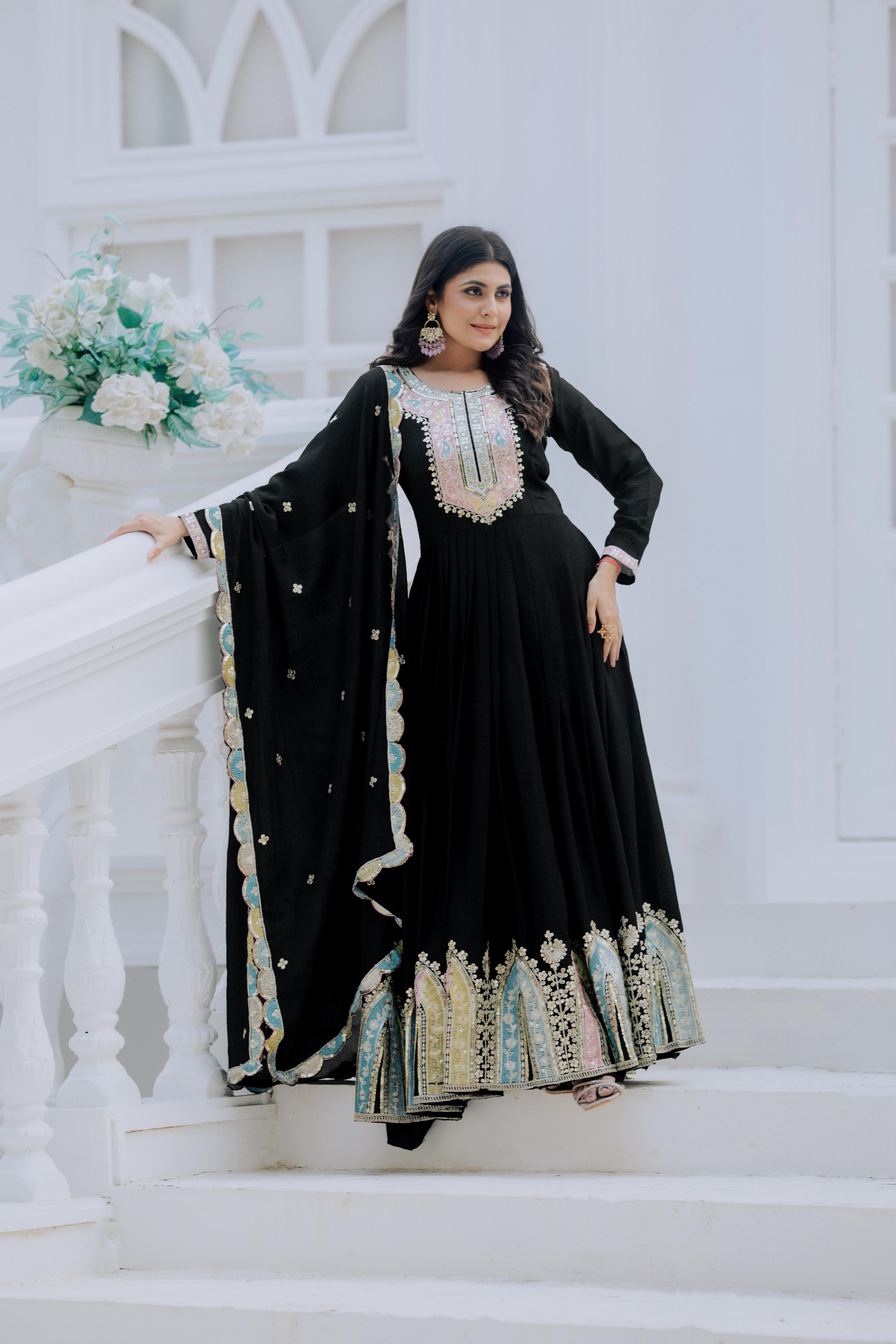 Classic Black Embroidered Mughal-Inspired Anarkali Gown Set with Dupatta