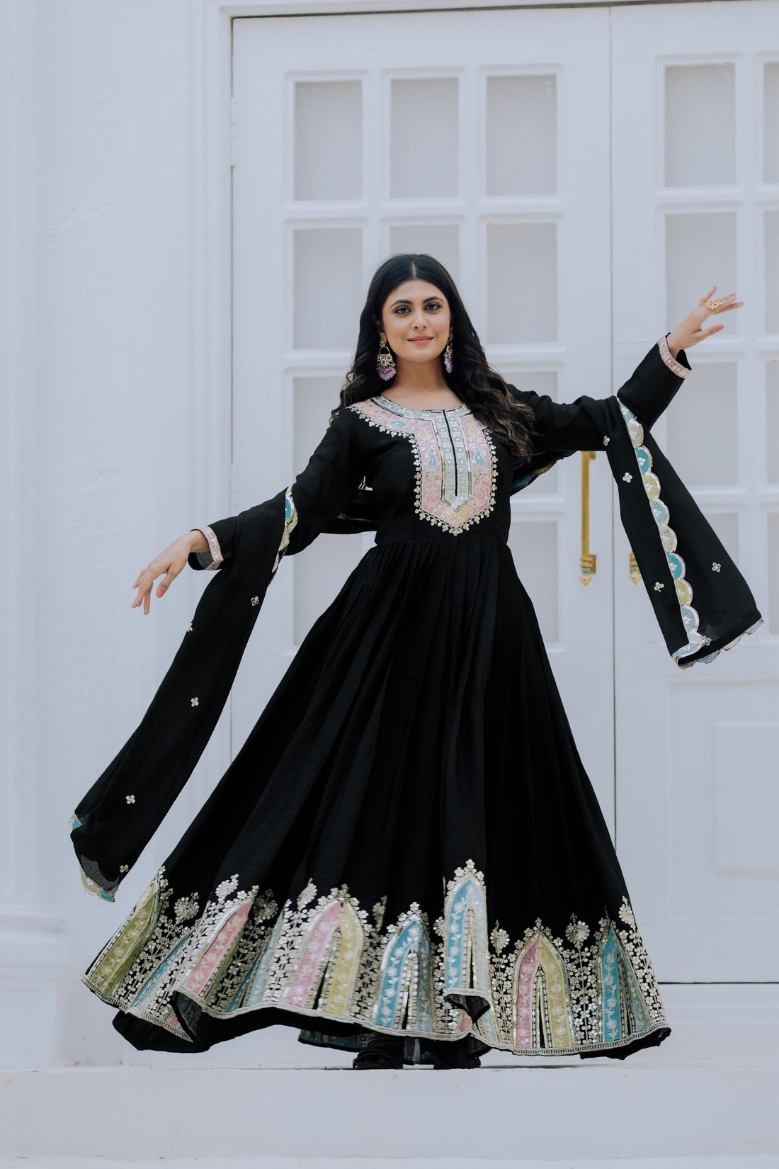 Classic Black Embroidered Mughal-Inspired Anarkali Gown Set with Dupatta