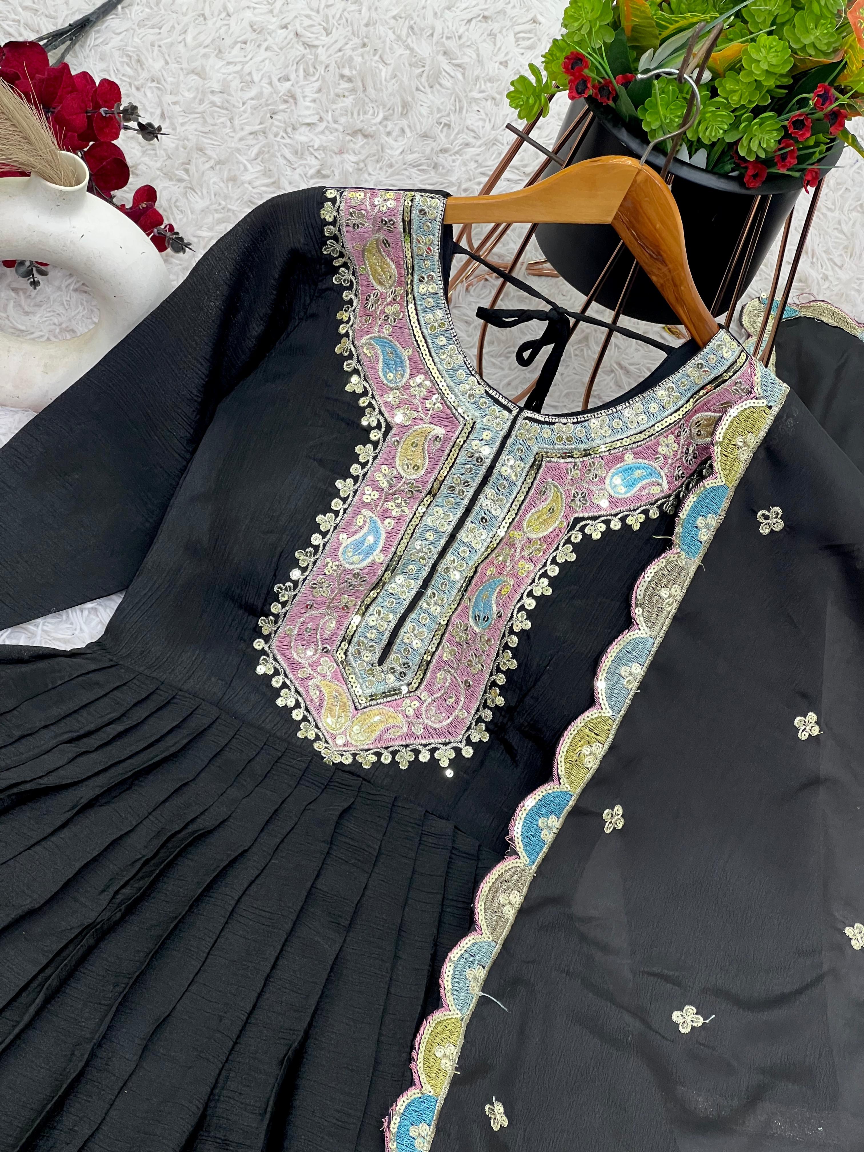 Classic Black Embroidered Mughal-Inspired Anarkali Gown Set with Dupatta