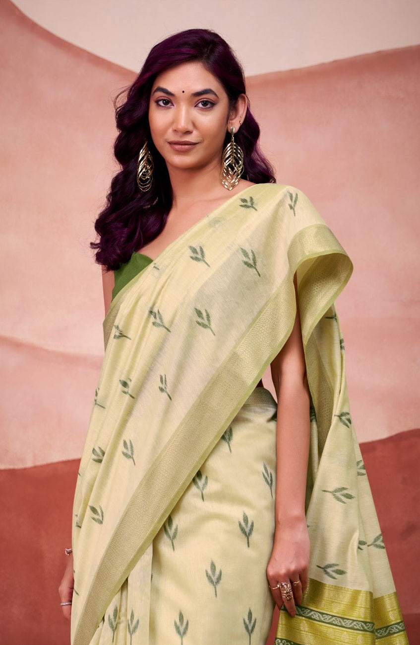 Pastel Green Soft Handloom-Style Printed Saree with Elegant Border